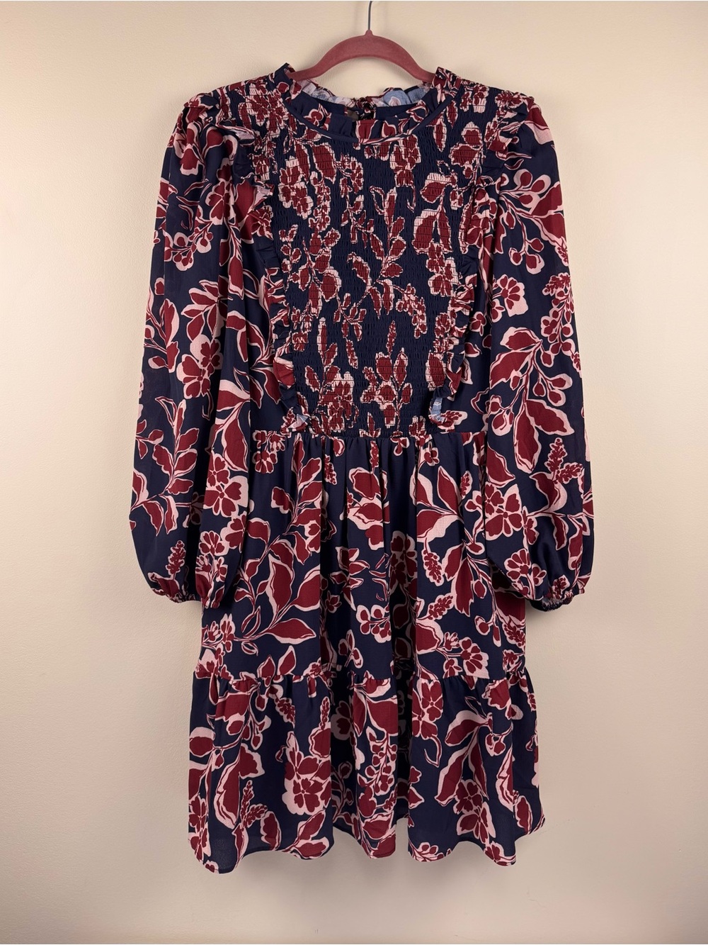 Eliza J Floral Smock Bodice Long Sleeve Dress